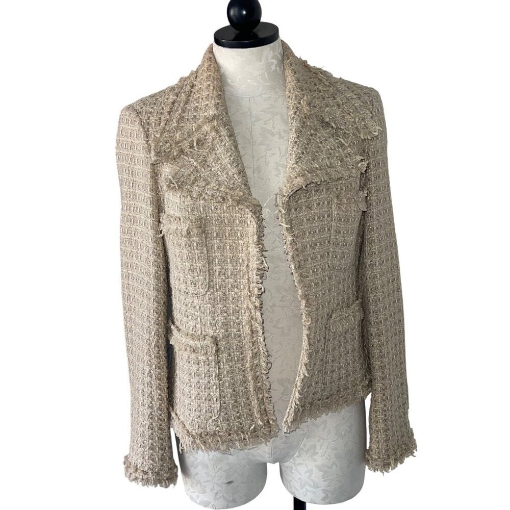Serena Kay Paris Womens Jacket Size 44 Beige Textured Open Tweed Pockets